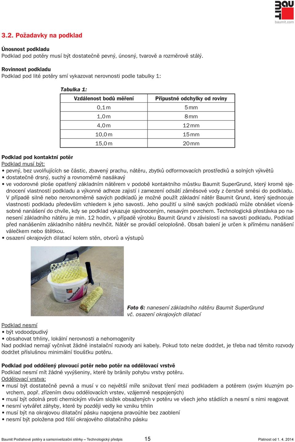 m 20 mm Podklad pod kontaktní potěr Podklad musí být: pevný, bez uvolňujících se částic, zbavený prachu, nátěru, zbytků odformovacích prostředků a solných výkvětů dostatečně drsný, suchý a rovnoměrně