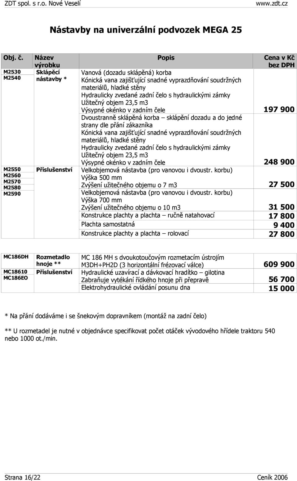 zadní čelo s hydraulickými zámky Užitečný objem 23,5 m3 Výsypné okénko v zadním čele 197 900 Dvoustranně sklápěná korba sklápění dozadu a do jedné strany dle přání zákazníka Kónická vana zajišťující