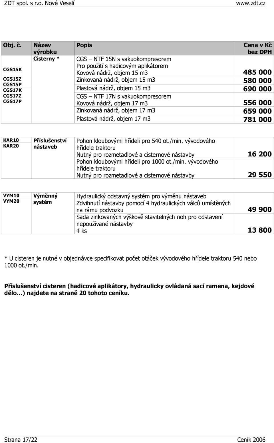 Plastová nádrž, objem 15 m3 690 000 CGS NTF 17N s vakuokompresorem Kovová nádrž, objem 17 m3 556 000 Zinkovaná nádrž, objem 17 m3 659 000 Plastová nádrž, objem 17 m3 781 000 KAR10 KAR20 nástaveb