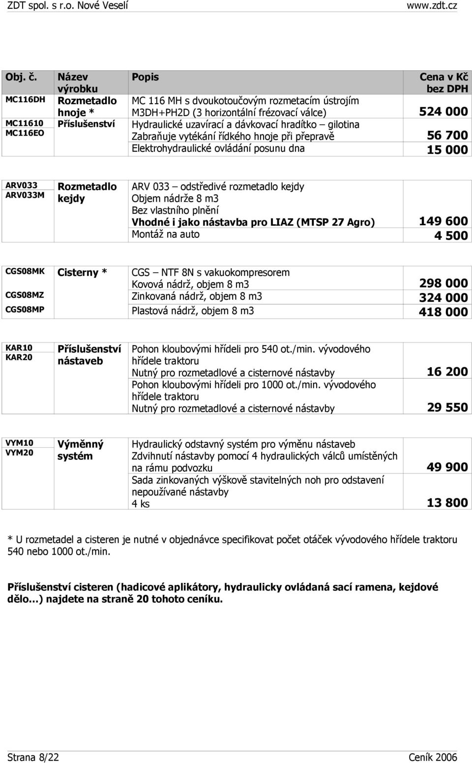 Zabraňuje vytékání řídkého hnoje při přepravě 56 700 Elektrohydraulické ovládání posunu dna 15 000 ARV033 ARV033M Rozmetadlo kejdy ARV 033 odstředivé rozmetadlo kejdy Objem nádrže 8 m3 Bez vlastního