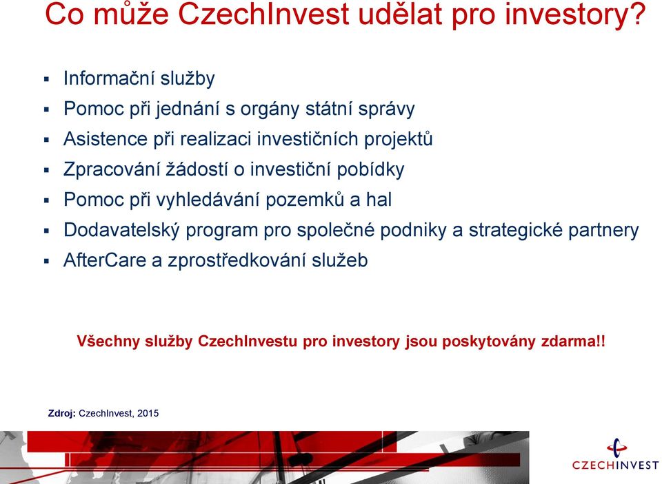 projektů Zpracování žádostí o investiční pobídky Pomoc při vyhledávání pozemků a hal Dodavatelský