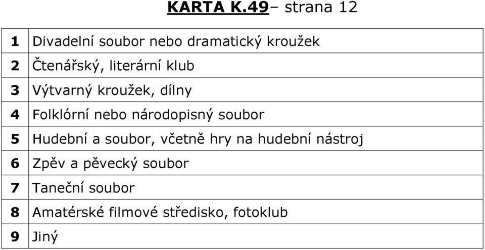 literární klub 3 Výtvarný kroužek, dílny 4 Folklórní nebo národopisný