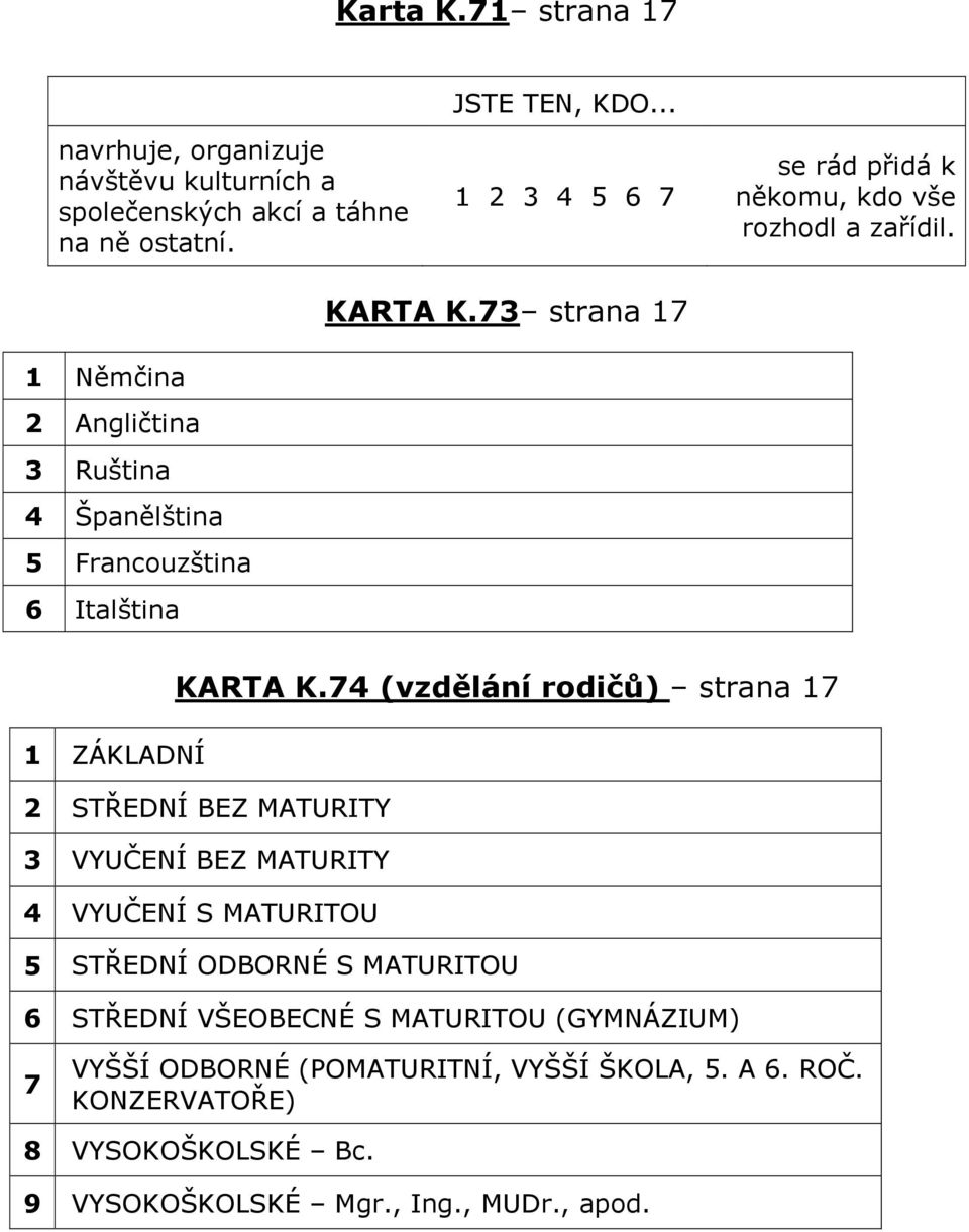 73 strana 17 1 Němčina 2 Angličtina 3 Ruština 4 Španělština 5 Francouzština 6 Italština KARTA K.