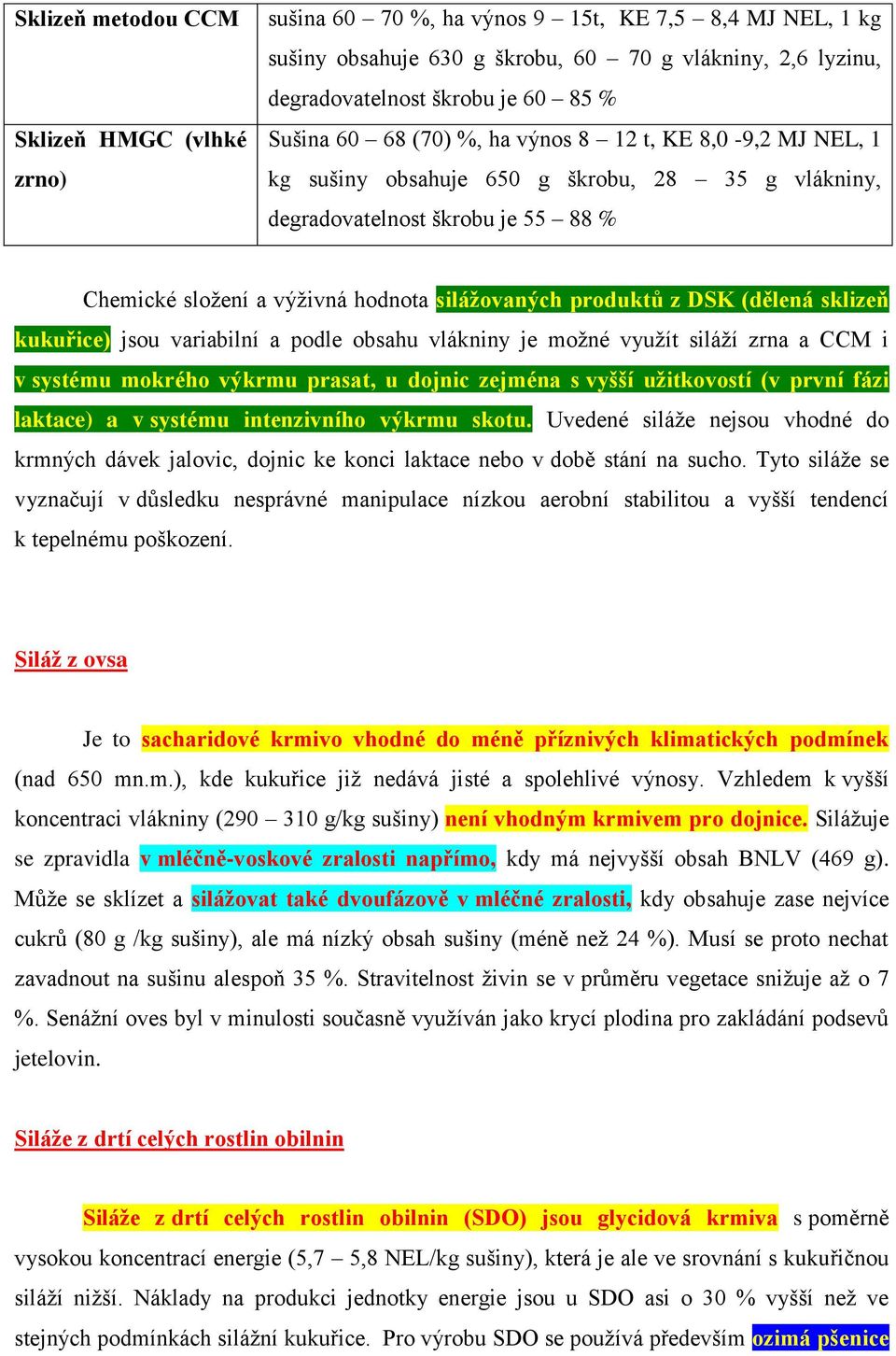 produktů z DSK (dělená sklizeň kukuřice) jsou variabilní a podle obsahu vlákniny je možné využít siláží zrna a CCM i v systému mokrého výkrmu prasat, u dojnic zejména s vyšší užitkovostí (v první