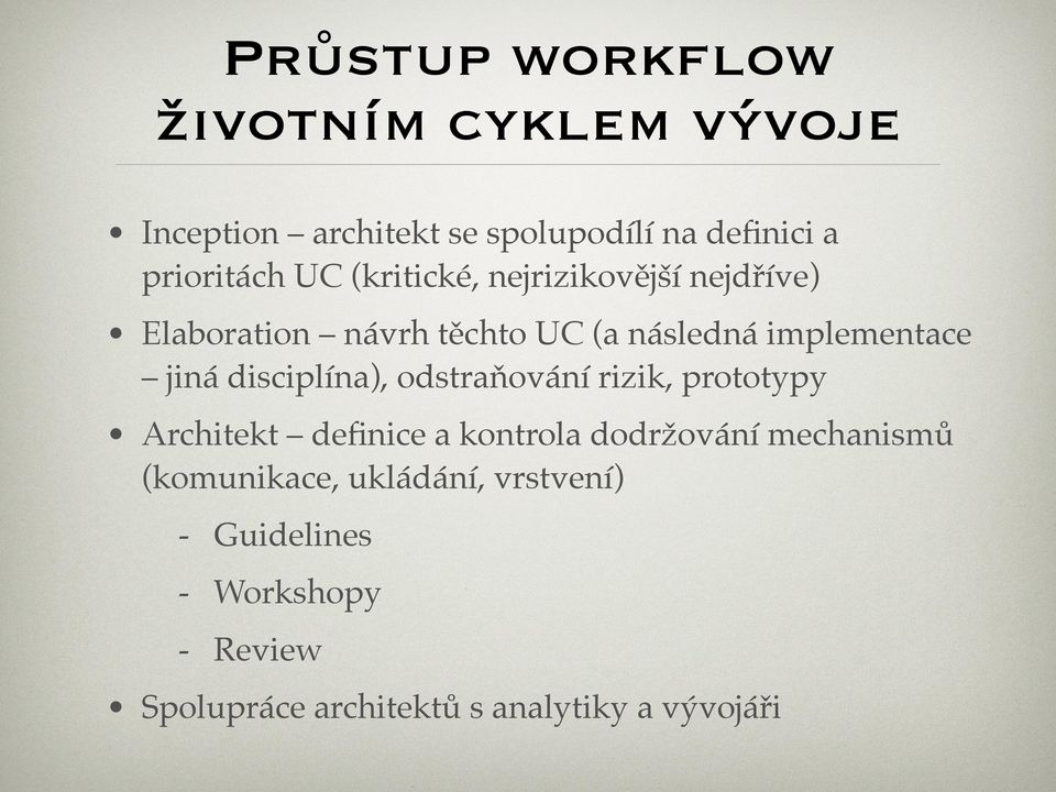 disciplína), odstraňování rizik, prototypy Architekt definice a kontrola dodržování mechanismů