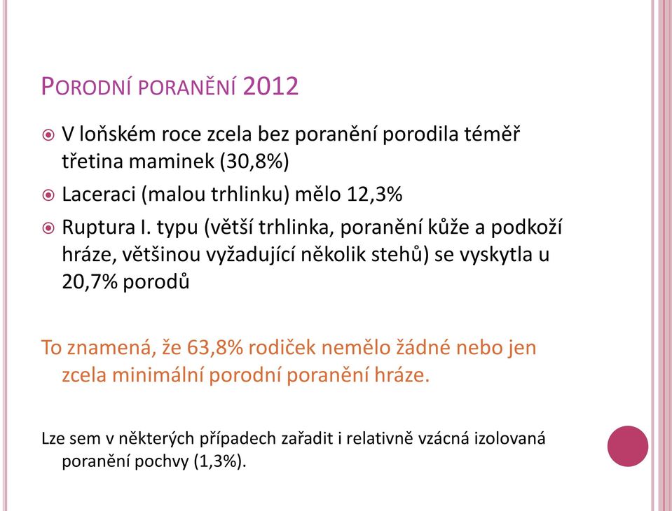 typu (větší trhlinka, poranění kůže a podkoží hráze, většinou vyžadující několik stehů) se vyskytla u 20,7%