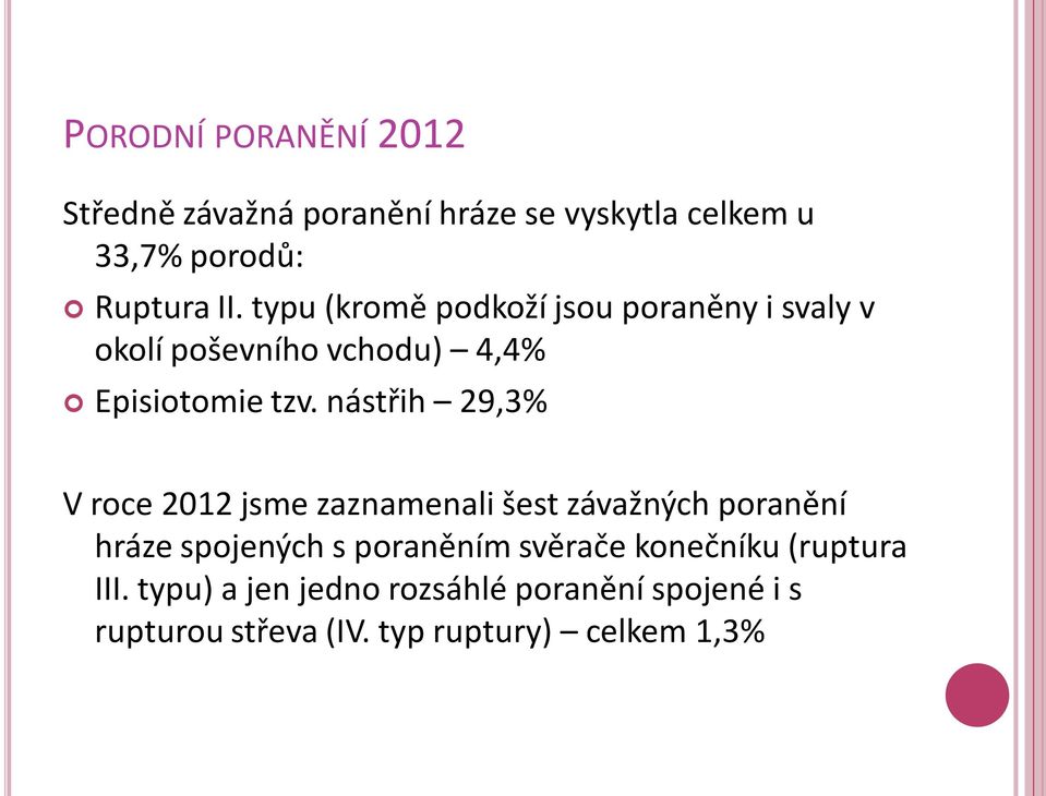 nástřih 29,3% V roce 2012 jsme zaznamenali šest závažných poranění hráze spojených s poraněním svěrače
