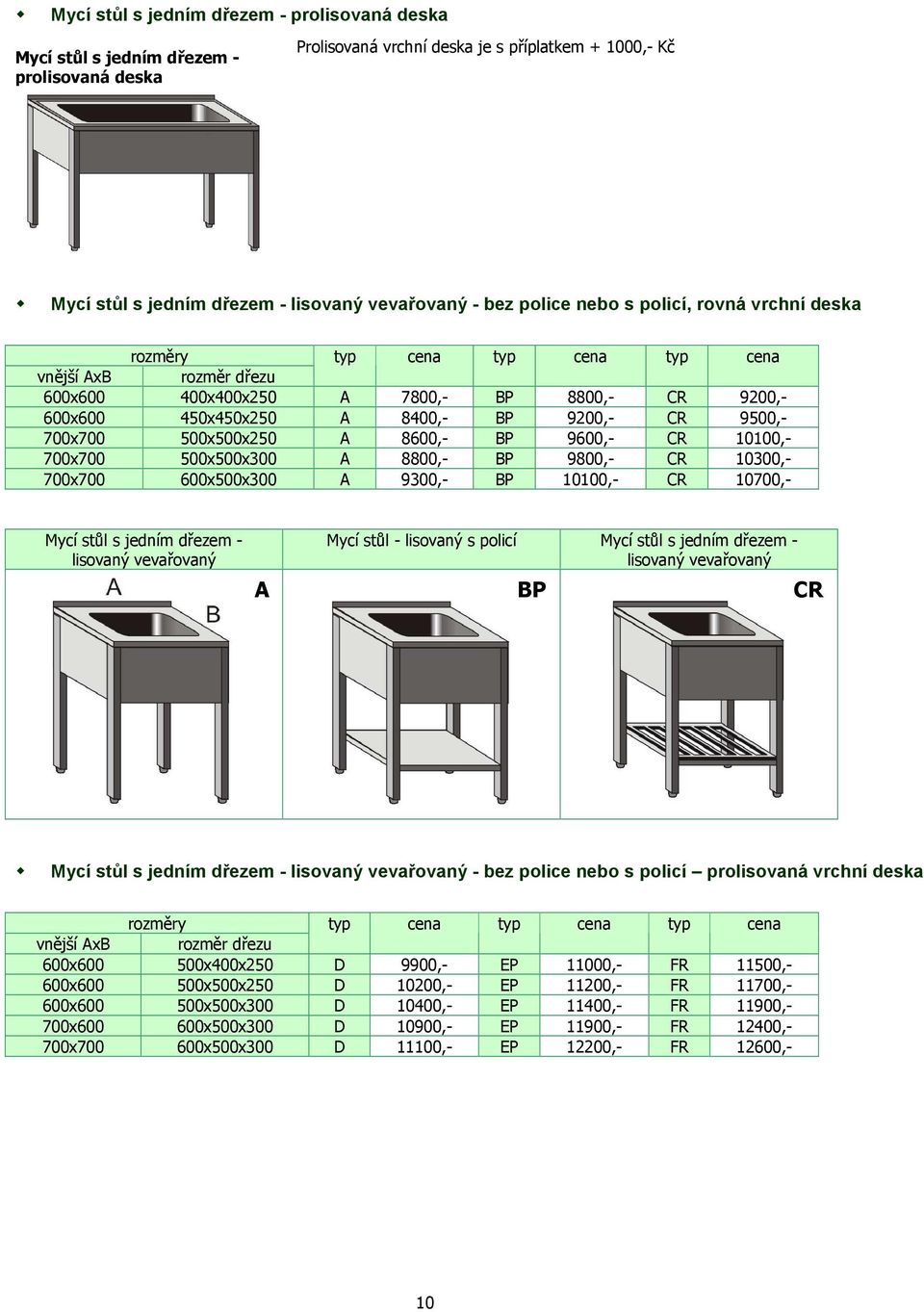 700x700 500x500x250 A 8600,- BP 9600,- CR 10100,- 700x700 500x500x300 A 8800,- BP 9800,- CR 10300,- 700x700 600x500x300 A 9300,- BP 10100,- CR 10700,- Mycí stůl s jedním dřezem - lisovaný vevařovaný