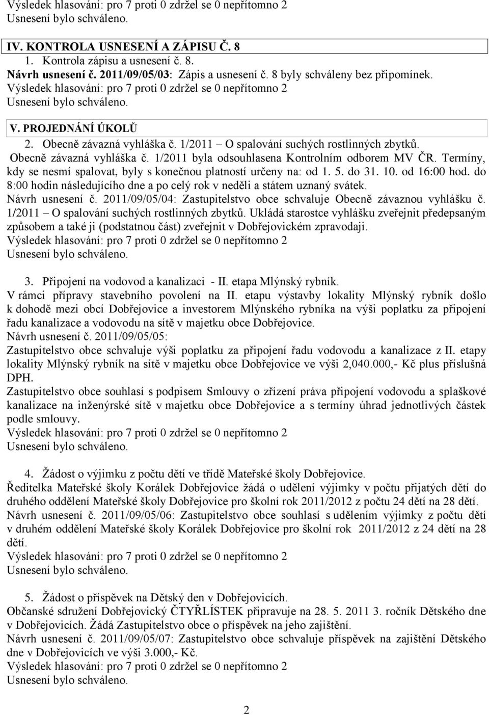 Termíny, kdy se nesmí spalovat, byly s konečnou platností určeny na: od 1. 5. do 31. 10. od 16:00 hod. do 8:00 hodin následujícího dne a po celý rok v neděli a státem uznaný svátek. Návrh usnesení č.