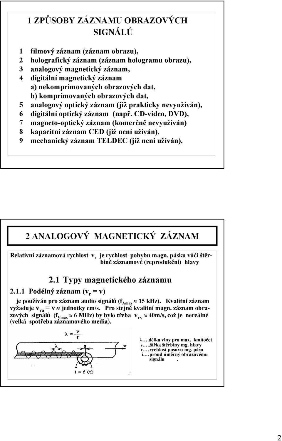 CD-video, DVD), 7 magneto-optický záznam (komerčně nevyužíván) 8 kapacitní záznam CED (již není užíván), 9 mechanický záznam TELDEC (již není užíván), 2 ANALOGOVÝ MAGNETICKÝ ZÁZNAM Relativní