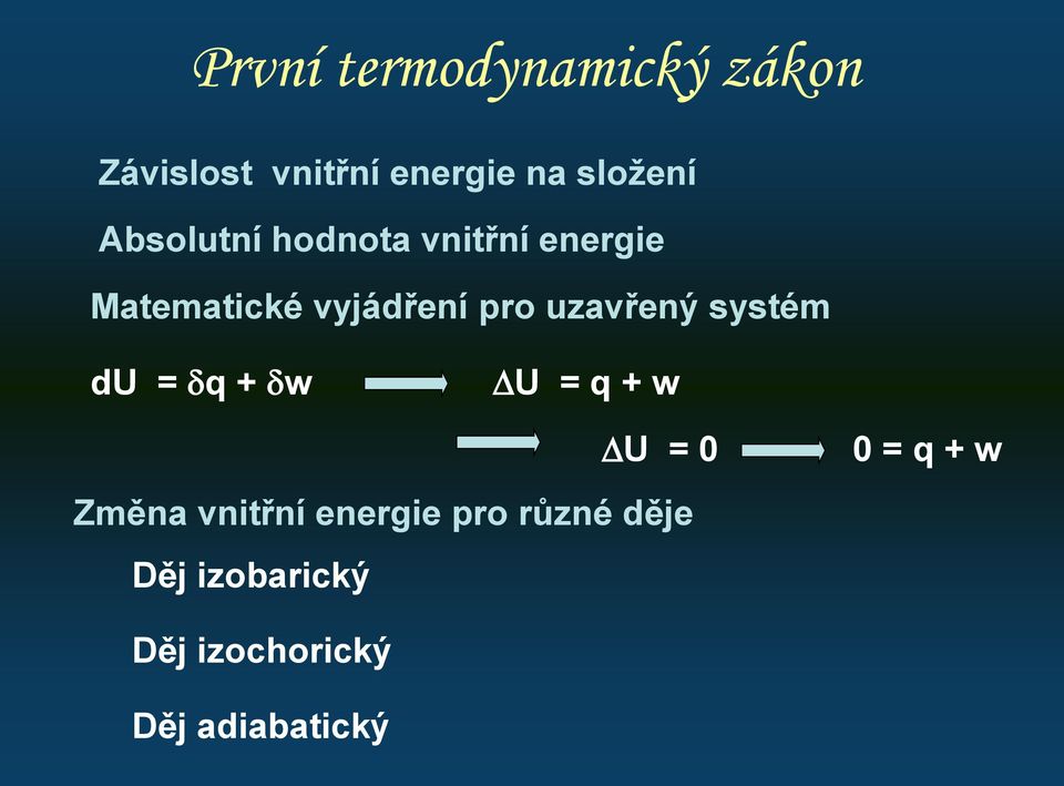 uzavřený systém du = q + w U = q + w U = 0 Změna vnitřní energie