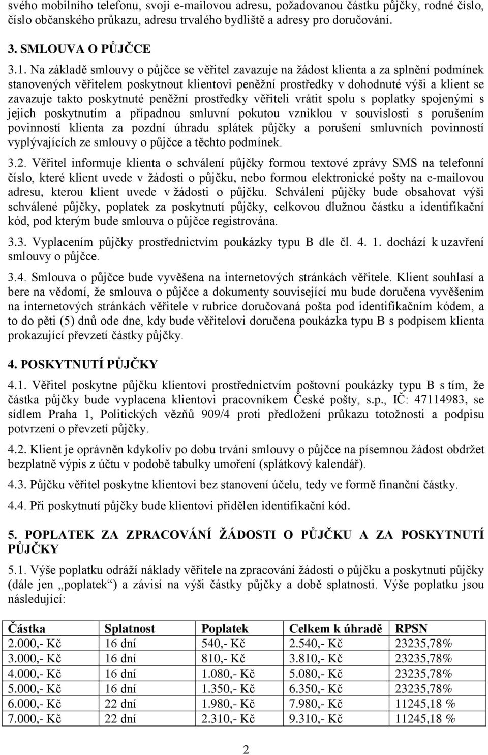 poskytnuté peněžní prostředky věřiteli vrátit spolu s poplatky spojenými s jejich poskytnutím a případnou smluvní pokutou vzniklou v souvislosti s porušením povinností klienta za pozdní úhradu