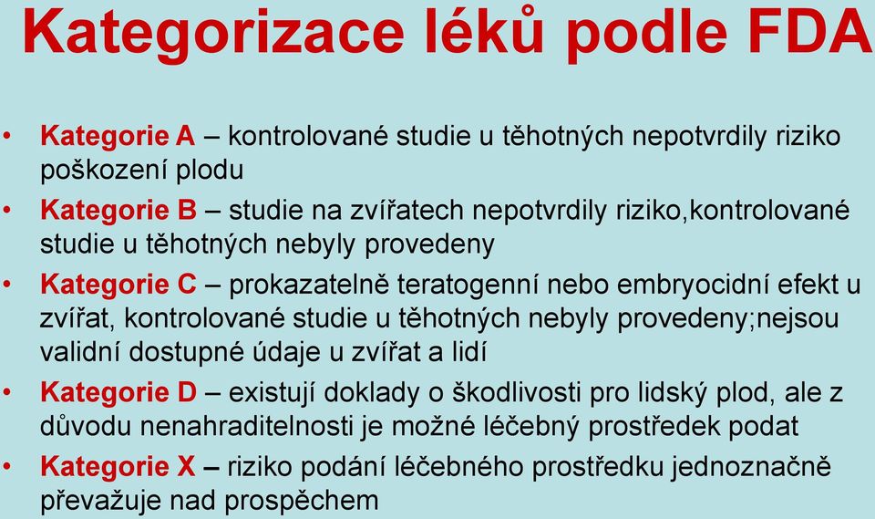 kontrolované studie u těhotných nebyly provedeny;nejsou validní dostupné údaje u zvířat a lidí Kategorie D existují doklady o škodlivosti pro