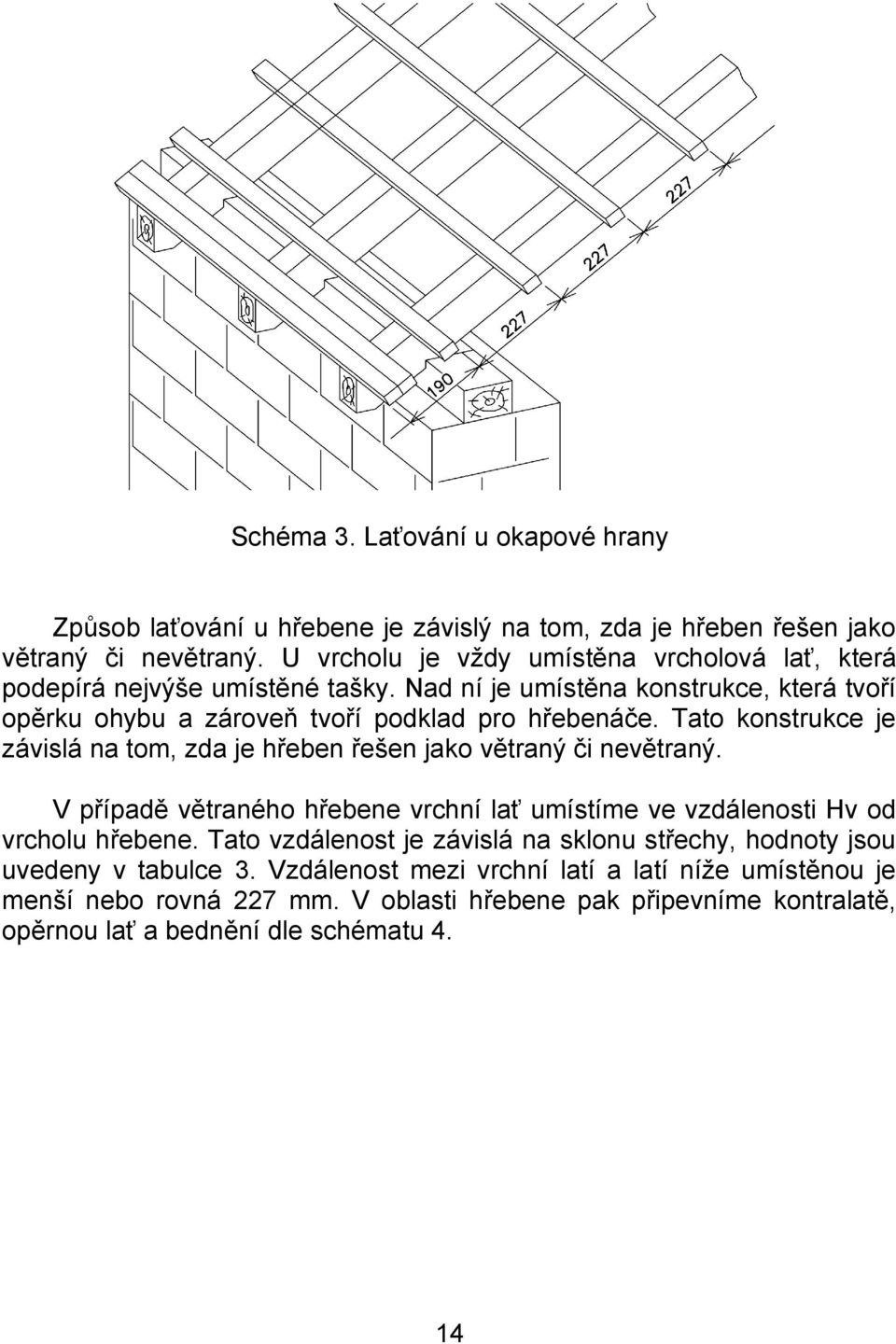 Tato konstrukce je závislá na tom, zda je hřeben řešen jako větraný či nevětraný. V případě větraného hřebene vrchní lať umístíme ve vzdálenosti Hv od vrcholu hřebene.