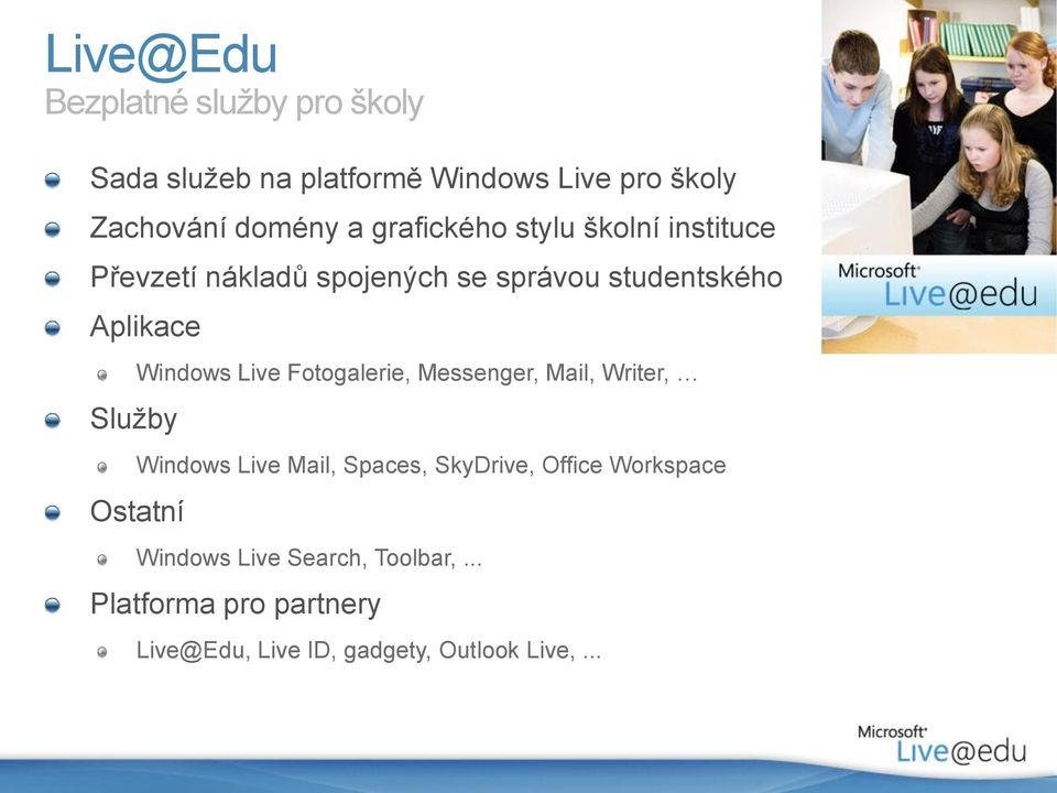Windows Live Fotogalerie, Messenger, Mail, Writer, Windows Live Mail, Spaces, SkyDrive, Office Workspace