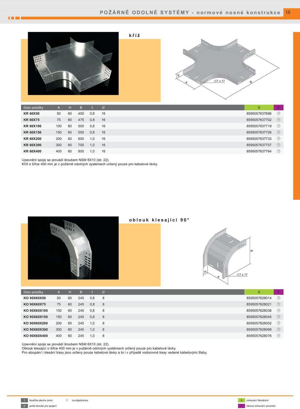 se provádí šroubem NSM 6X10 (str. 22). Kříž o šířce 400 mm je v požárně odolných systémech určený pouze pro kabelové lávky.