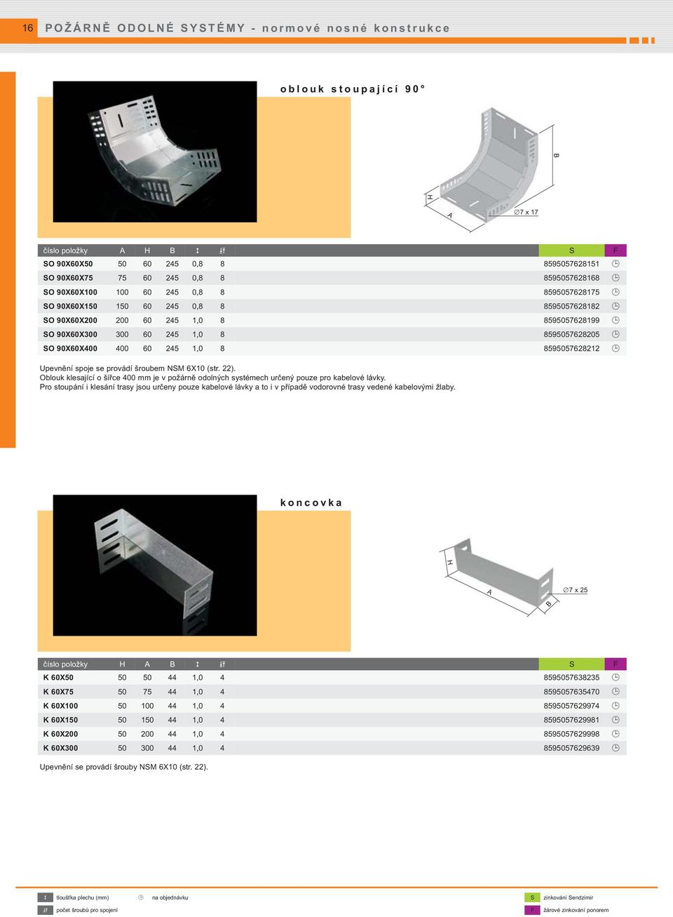 1,0 8 8595057628212 Upevnění spoje se provádí šroubem NSM 6X10 (str. 22). Oblouk klesající o šířce 400 mm je v požárně odolných systémech určený pouze pro kabelové lávky.