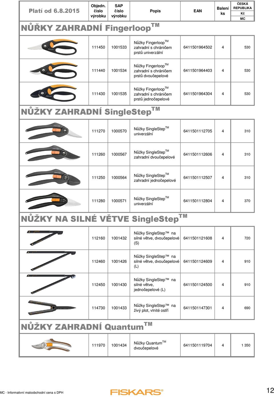 111260 1000567 Nůžky SingleStep TM zahradní dvoučepelové 611501112606 310 111250 100056 Nůžky SingleStep TM zahradní jednočepelové 611501112507 310 111280 1000571 Nůžky SingleStep TM univerzální