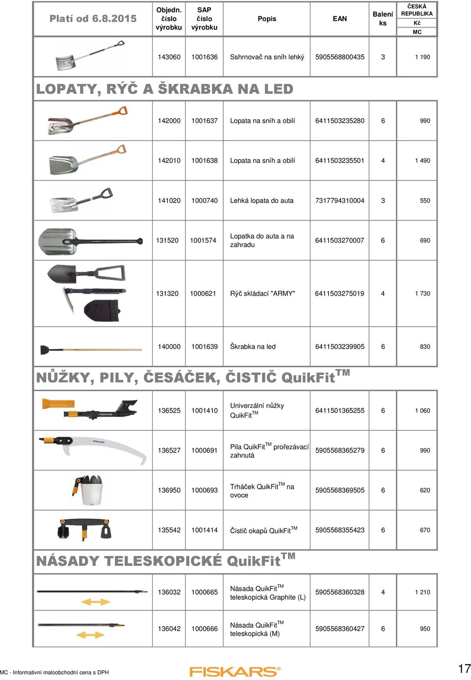 611503239905 6 830 NŮŽKY, PILY, ČESÁČEK, ČISTIČ QuikFit TM 136525 100110 Univerzální nůžky QuikFit TM 611501365255 6 1 060 136527 1000691 Pila QuikFit TM prořezávací zahnutá 5905568365279 6 990