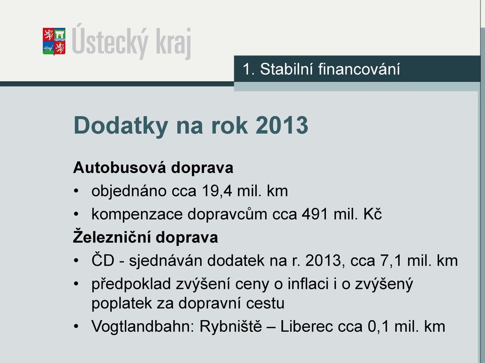 Kč Železniční doprava ČD - sjednáván dodatek na r. 2013, cca 7,1 mil.