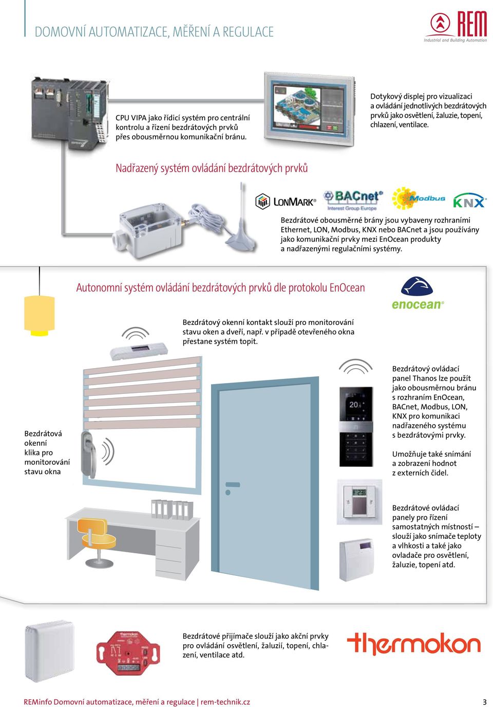 Nadřazený systém ovládání bezdrátových prvků Bezdrátové obousměrné brány jsou vybaveny rozhraními Ethernet, LON, Modbus, KNX nebo BACnet a jsou používány jako komunikační prvky mezi EnOcean produkty