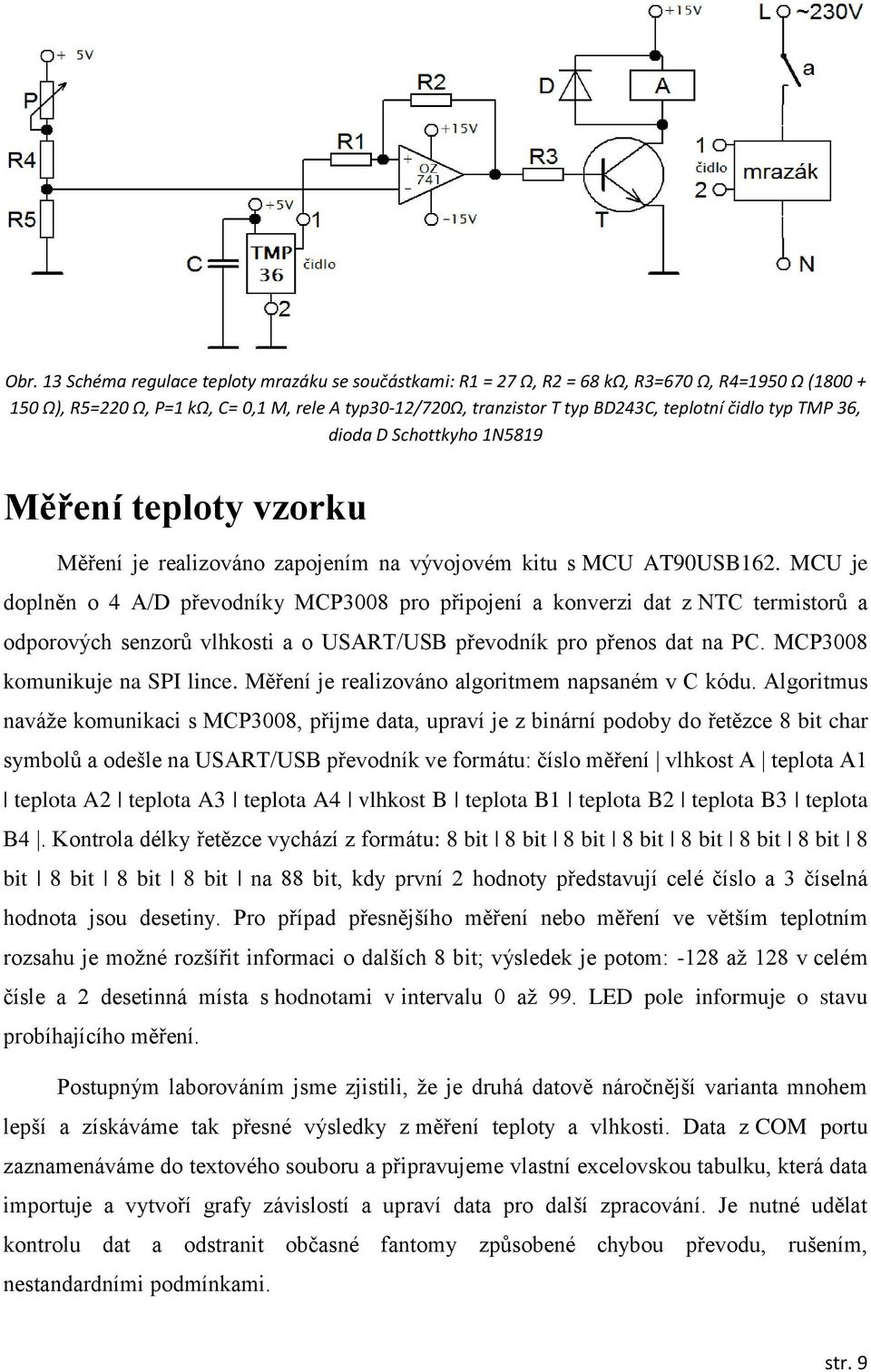 MCU je doplněn o 4 A/D převodníky MCP3008 pro připojení a konverzi dat z NTC termistorů a odporových senzorů vlhkosti a o USART/USB převodník pro přenos dat na PC. MCP3008 komunikuje na SPI lince.