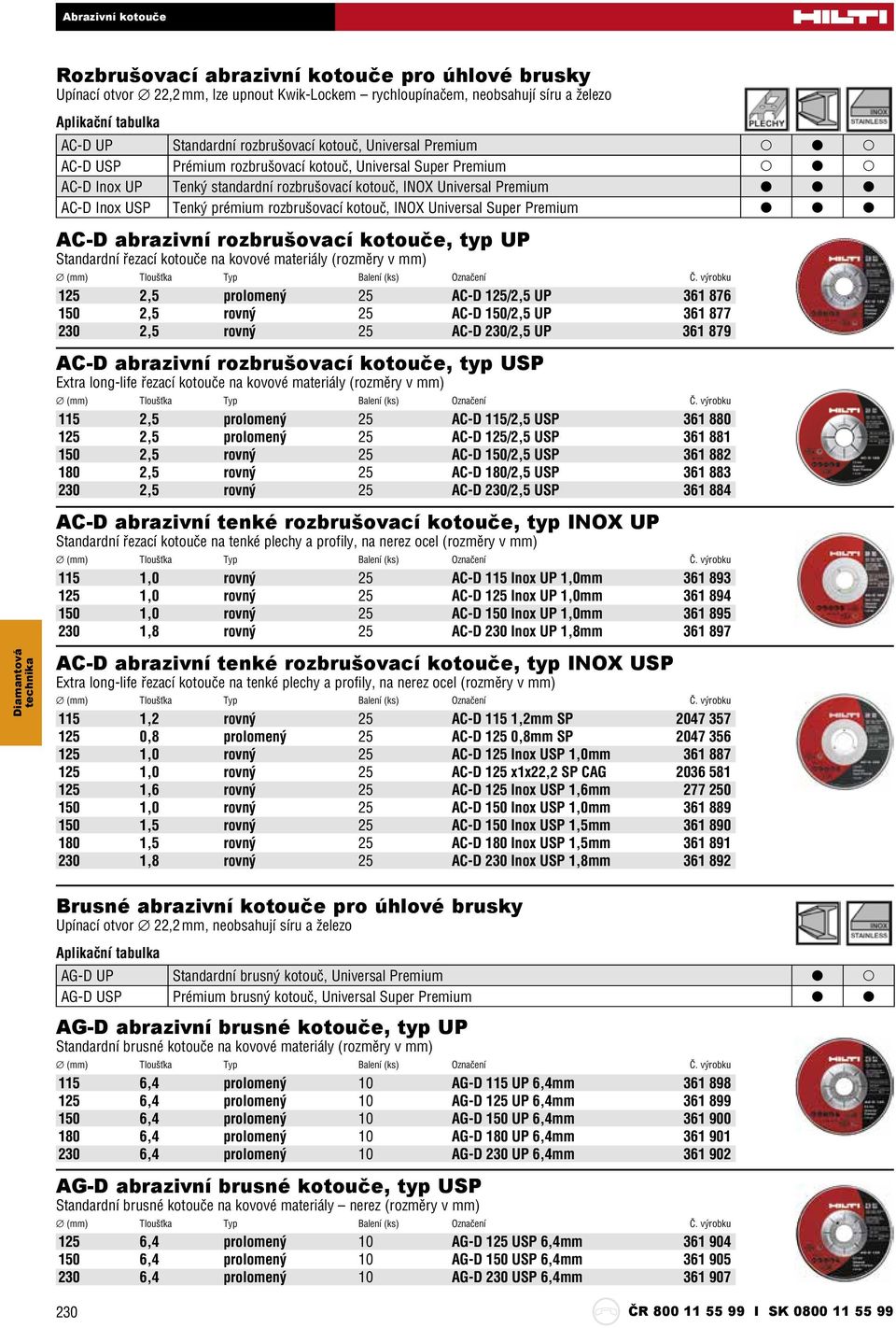 prémium rozbrušovací kotouč, INOX Universal Super Premium AC-D abrazivní rozbrušovací kotouče, typ UP Standardní řezací kotouče na kovové materiály (rozměry v mm) 125 2,5 prolomený 25 AC-D 125/2,5 UP