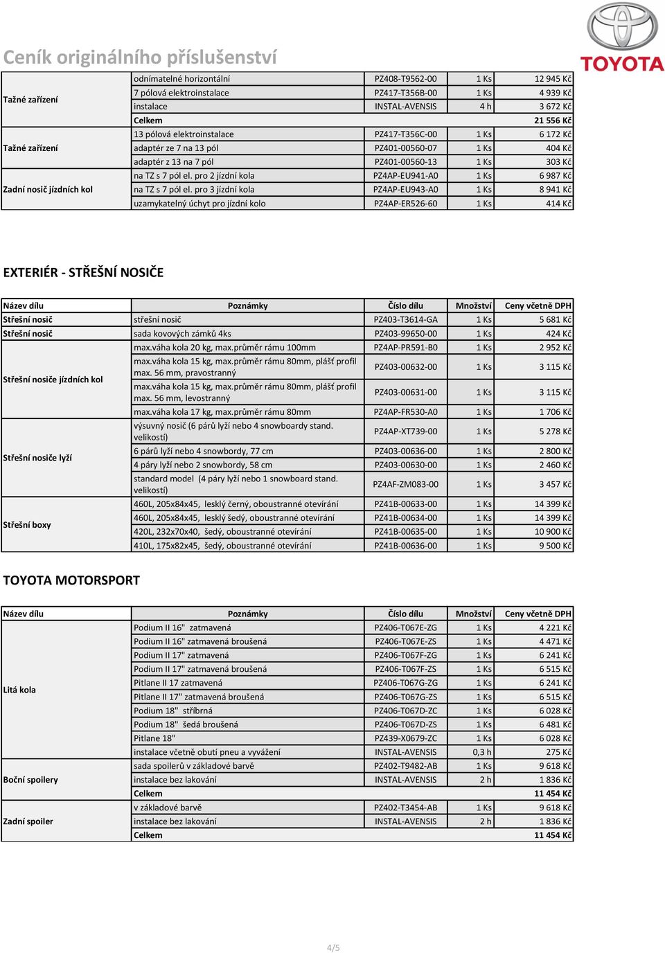 pro 3 jízdní kola PZ4AP-EU943-A0 1 Ks 8 941 Kč uzamykatelný úchyt pro jízdní kolo PZ4AP-ER526-60 1 Ks 414 Kč EXTERIÉR - STŘEŠNÍ NOSIČE Střešní nosič střešní nosič PZ403-T3614-GA 1 Ks 5 681 Kč Střešní