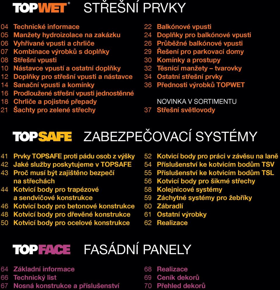 balkónové vpusti 26 Průběžné balkónové vpusti 29 Řešení pro parkovací domy 30 Komínky a prostupy 32 Těsnící manžety tvarovky 34 Ostatní střešní prvky 36 Přednosti výrobků TOPWET Novinka v sortimentu