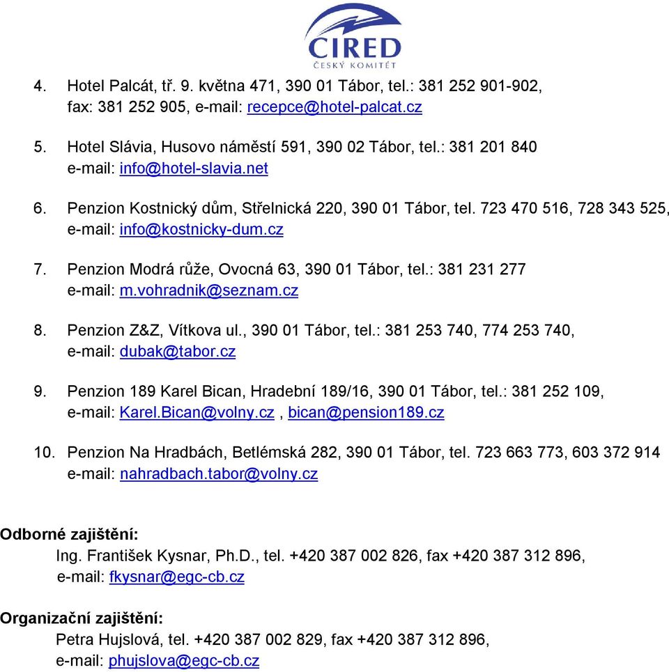 Penzion Modrá růže, Ovocná 63, 390 01 Tábor, tel.: 381 231 277 e-mail: m.vohradnik@seznam.cz 8. Penzion Z&Z, Vítkova ul., 390 01 Tábor, tel.: 381 253 740, 774 253 740, e-mail: dubak@tabor.cz 9.