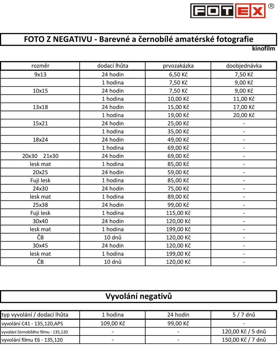 - lesk mat 1 hodina 85,00 Kč - 20x25 24 hodin 59,00 Kč - Fuji lesk 1 hodina 85,00 Kč - 24x30 24 hodin 75,00 Kč - lesk mat 1 hodina 89,00 Kč - 25x38 24 hodin 99,00 Kč - Fuji lesk 1 hodina 115,00 Kč -