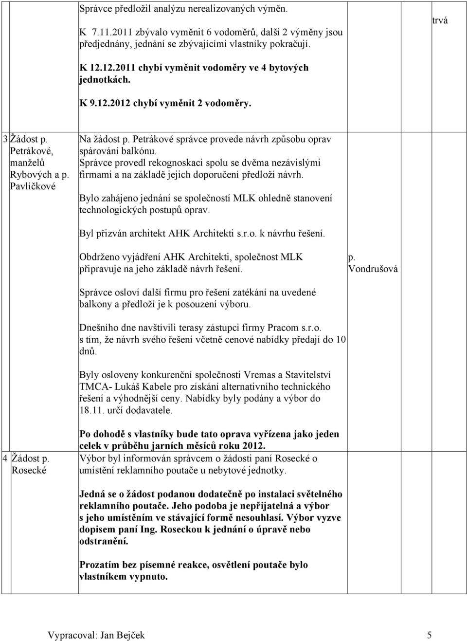 3 Žádost Petrákové, manželů Rybových a Pavlíčkové Na žádost Petrákové správce provede návrh způsobu oprav spárování balkónu.