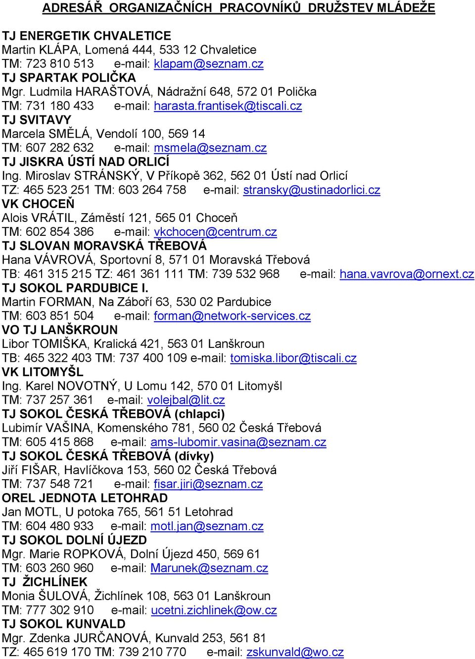 cz TJ JISKRA ÚSTÍ NAD ORLICÍ Ing. Miroslav STRÁNSKÝ, V Příkopě 362, 562 01 Ústí nad Orlicí TZ: 465 523 251 TM: 603 264 758 e-mail: stransky@ustinadorlici.