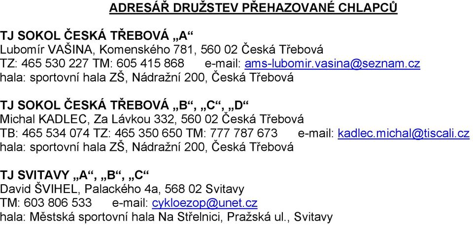 cz hala: sportovní hala ZŠ, Nádražní 200, Česká Třebová TJ SOKOL ČESKÁ TŘEBOVÁ B, C, D Michal KADLEC, Za Lávkou 332, 560 02 Česká Třebová