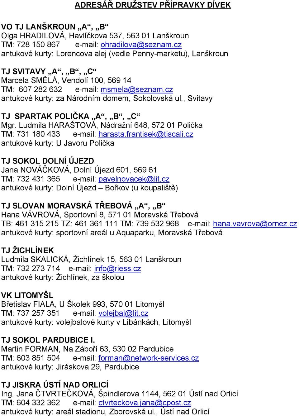 cz antukové kurty: za Národním domem, Sokolovská ul., Svitavy TJ SPARTAK POLIČKA A, B, C Mgr. Ludmila HARAŠTOVÁ, Nádražní 648, 572 01 Polička TM: 731 180 433 e-mail: harasta.frantisek@tiscali.