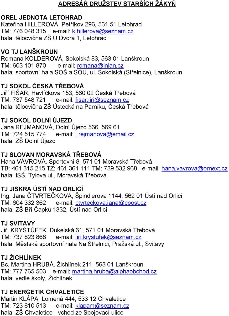 Sokolská (Střelnice), Lanškroun TJ SOKOL ČESKÁ TŘEBOVÁ Jiří FIŠAR, Havlíčkova 153, 560 02 Česká Třebová TM: 737 548 721 e-mail: fisar.jiri@seznam.