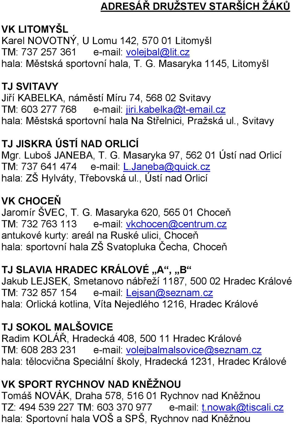 Masaryka 97, 562 01 Ústí nad Orlicí TM: 737 641 474 e-mail: L.Janeba@quick.cz hala: ZŠ Hylváty, Třebovská ul., Ústí nad Orlicí VK CHOCEŇ Jaromír ŠVEC, T. G.