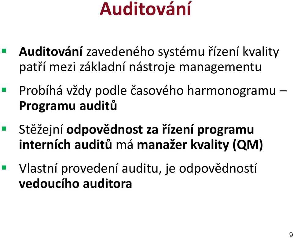 Programu auditů Stěžejní odpovědnost za řízení programu interních auditů