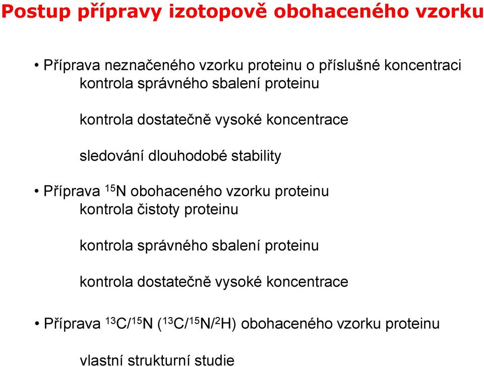 Příprava 15 N obohaceného vzorku proteinu kontrola čistoty proteinu kontrola správného sbalení proteinu