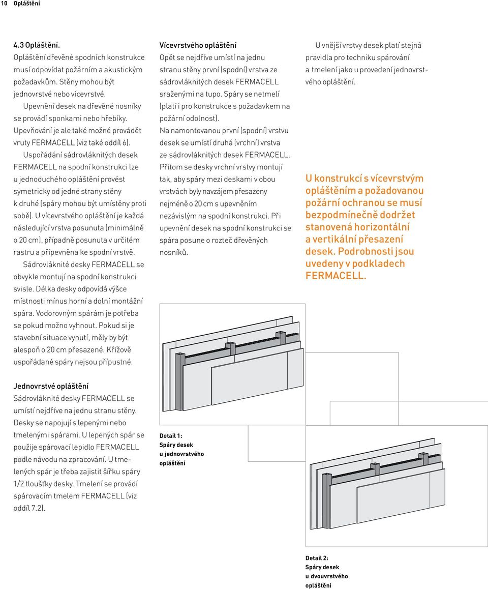 Uspořádání sádrovláknitých desek FERMACELL na spodní konstrukci lze u jednoduchého opláštění provést symetricky od jedné strany stěny k druhé (spáry mohou být umístěny proti sobě).