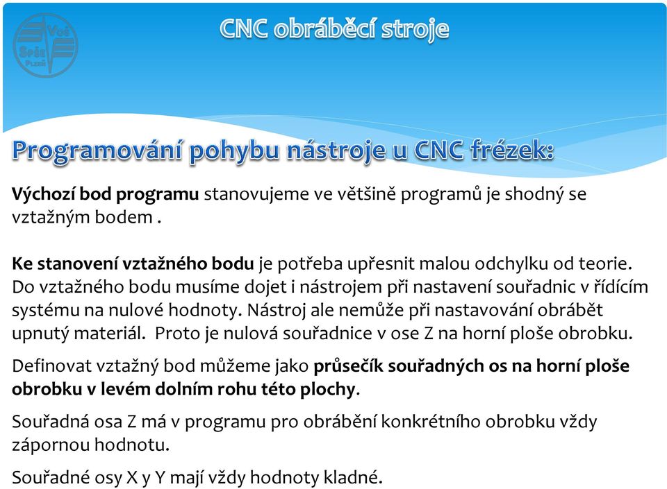 Nástroj ale nemůže při nastavování obrábět upnutý materiál. Proto je nulová souřadnice v ose Z na horní ploše obrobku.