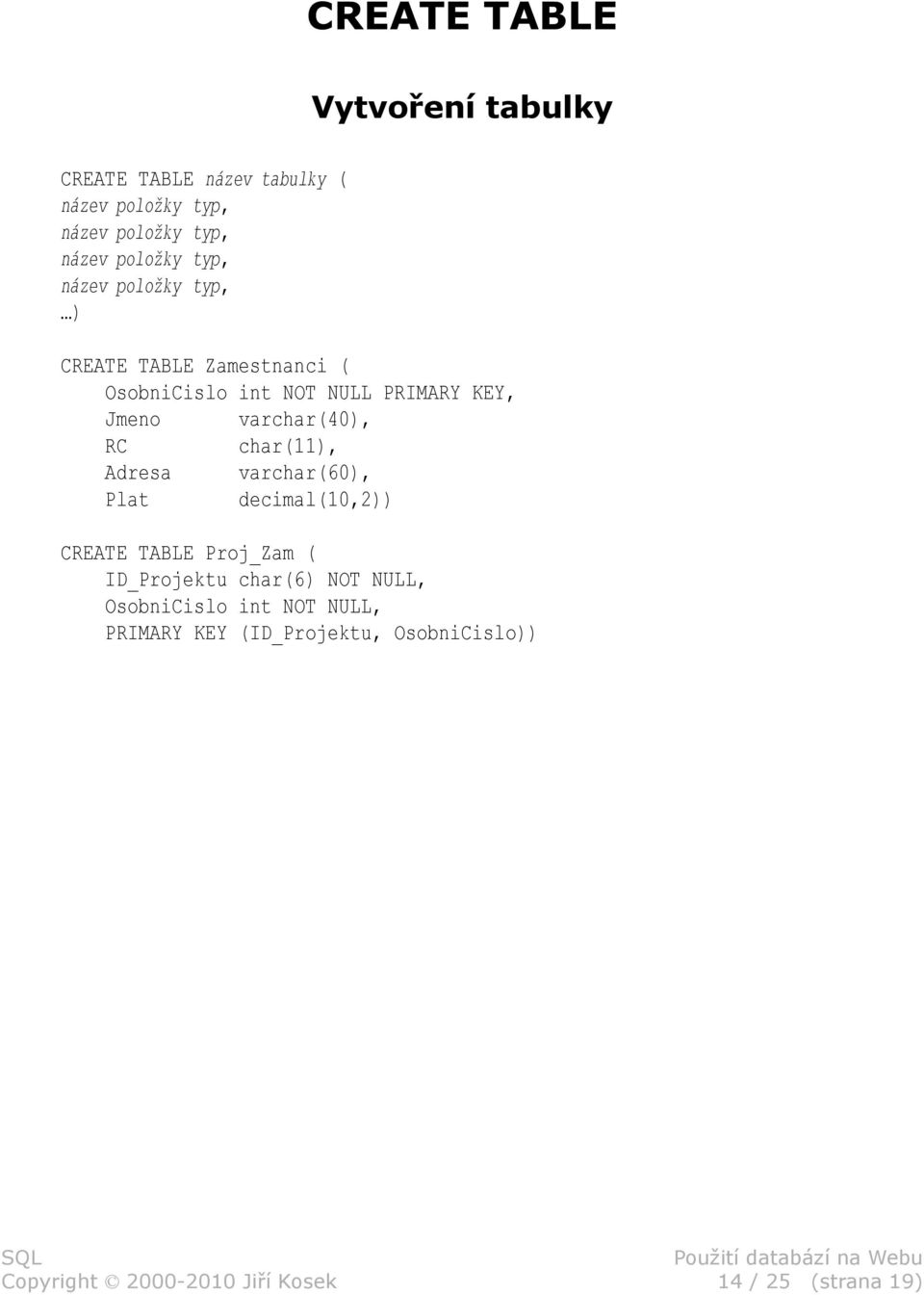 varchar(40), RC char(11), Adresa varchar(60), Plat decimal(10,2)) CREATE TABLE Proj_Zam ( ID_Projektu