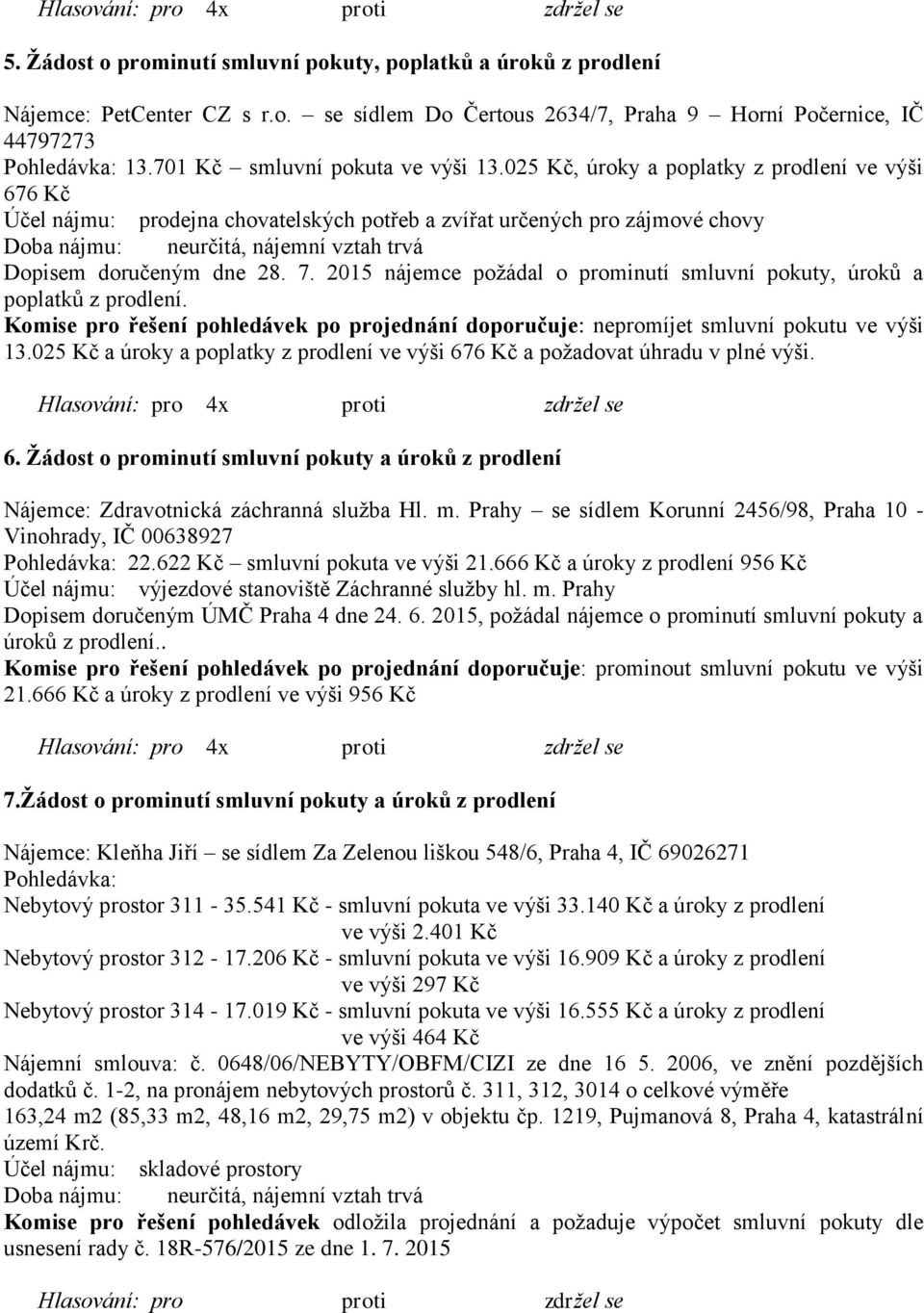 025 Kč, úroky a poplatky z prodlení ve výši 676 Kč Účel nájmu: prodejna chovatelských potřeb a zvířat určených pro zájmové chovy Doba nájmu: neurčitá, nájemní vztah trvá Dopisem doručeným dne 28. 7.