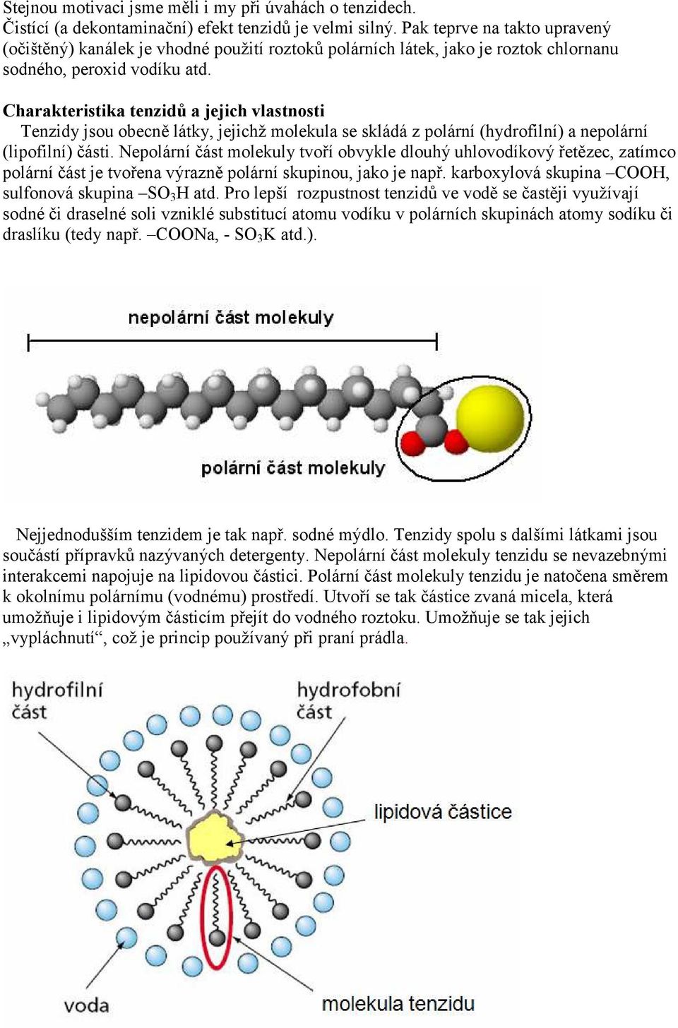 Charakteristika tenzidů a jejich vlastnosti Tenzidy jsou obecně látky, jejichž molekula se skládá z polární (hydrofilní) a nepolární (lipofilní) části.