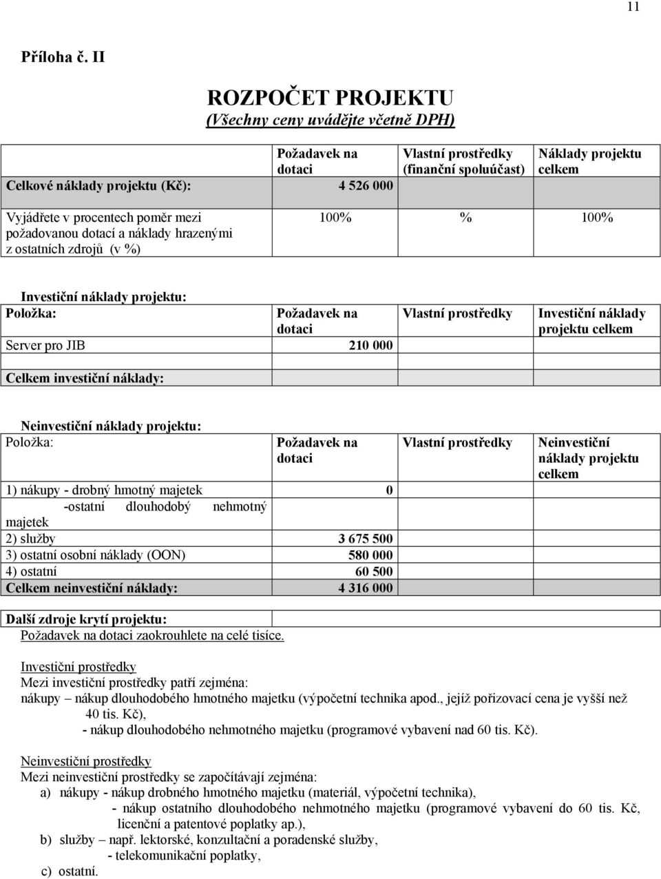 procentech poměr mezi požadovanou dotací a náklady hrazenými z ostatních zdrojů (v %) 100% % 100% Investiční náklady projektu: Položka: Požadavek na dotaci Server pro JIB 210 000 Celkem investiční