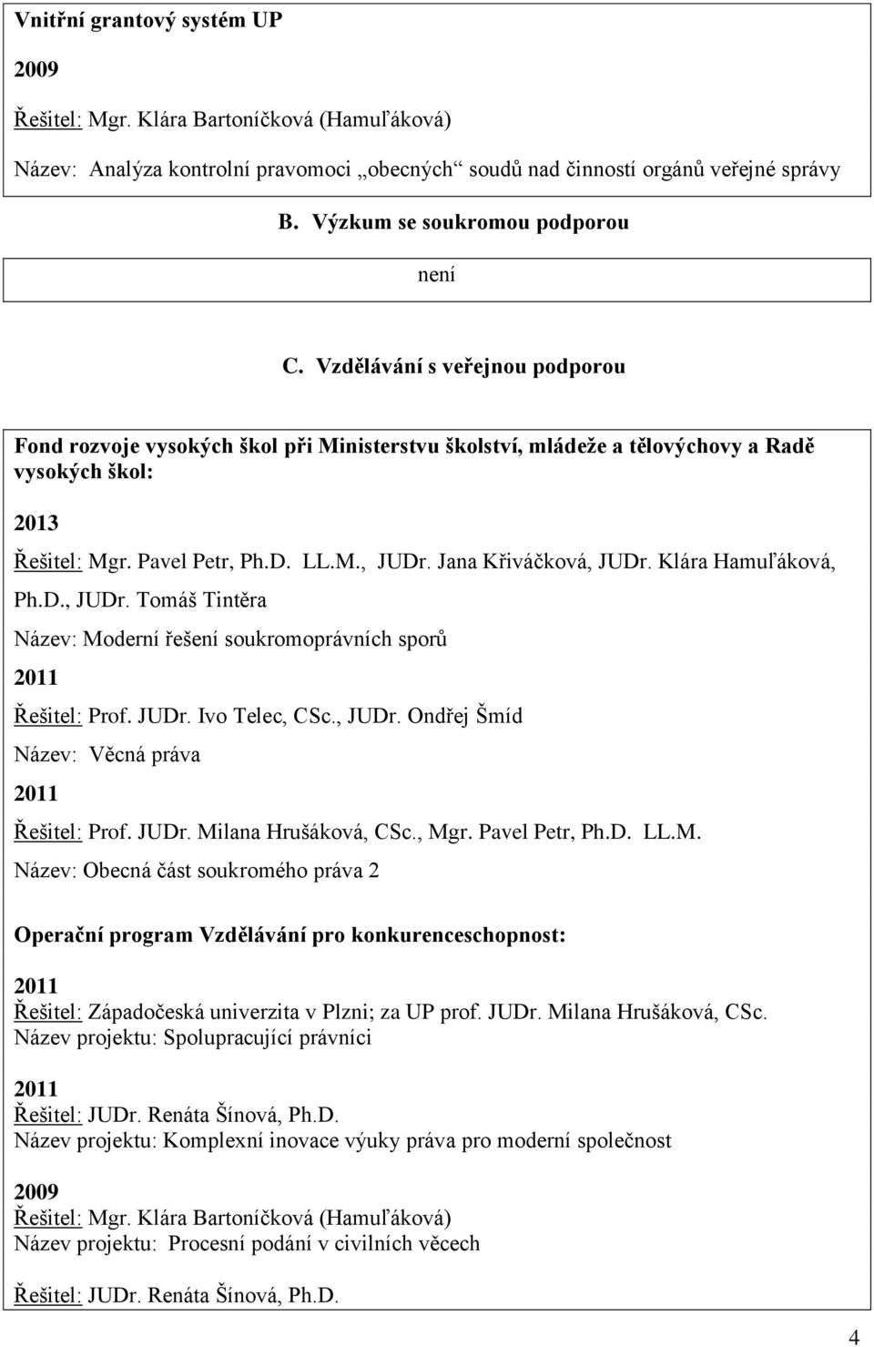 D. LL.M., JUDr. Jana Křiváčková, JUDr. Klára Hamuľáková, Ph.D., JUDr. Tomáš Tintěra Název: Moderní řešení soukromoprávních sporů Řešitel: Prof. JUDr. Ivo Telec, CSc., JUDr. Ondřej Šmíd Název: Věcná práva Řešitel: Prof.