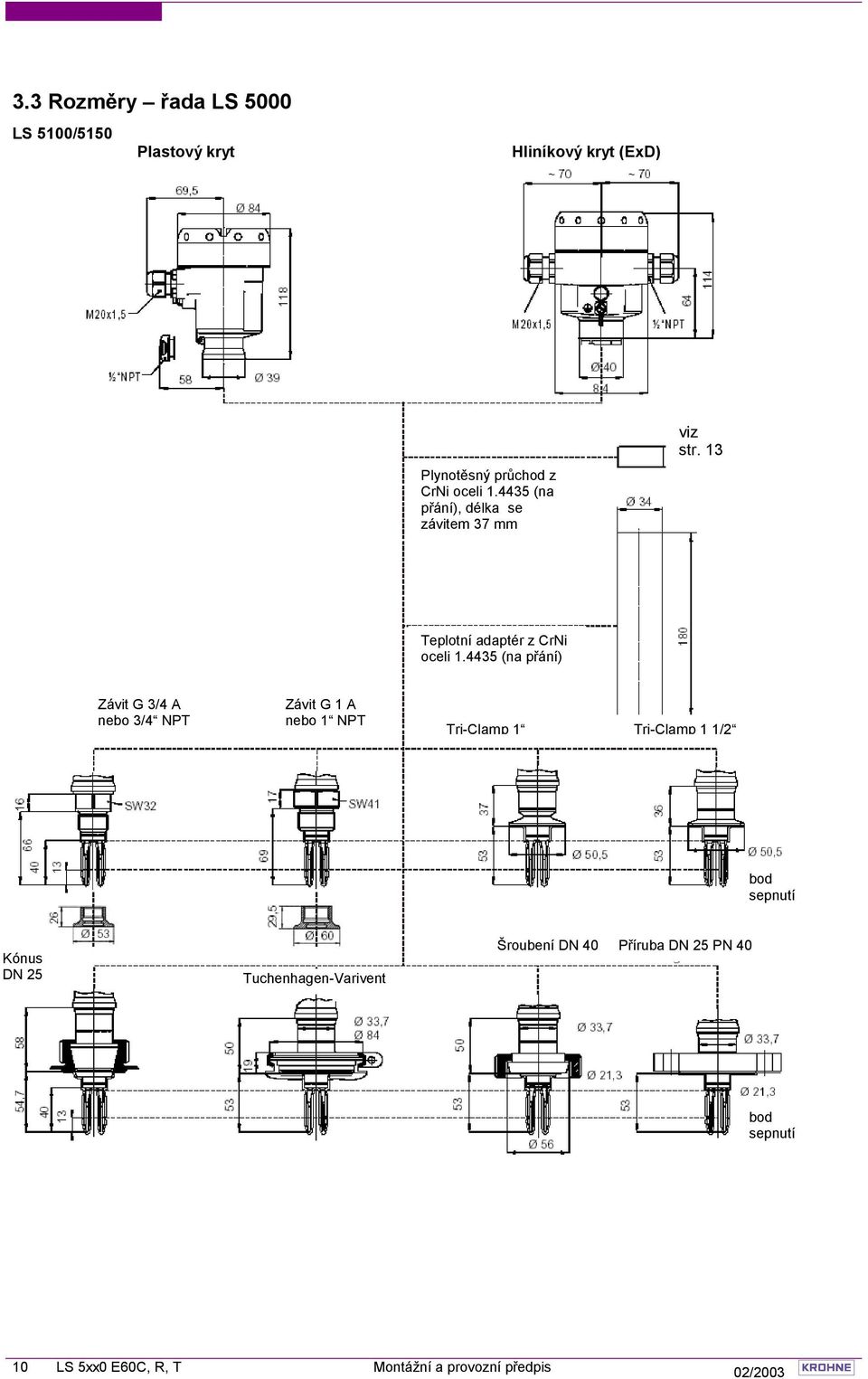 4435 (na přání) Závit G 3/4 A nebo 3/4 NPT Závit G 1 A nebo 1 NPT Tri-Clamp 1 Tri-Clamp 1 1/2 bod sepnutí