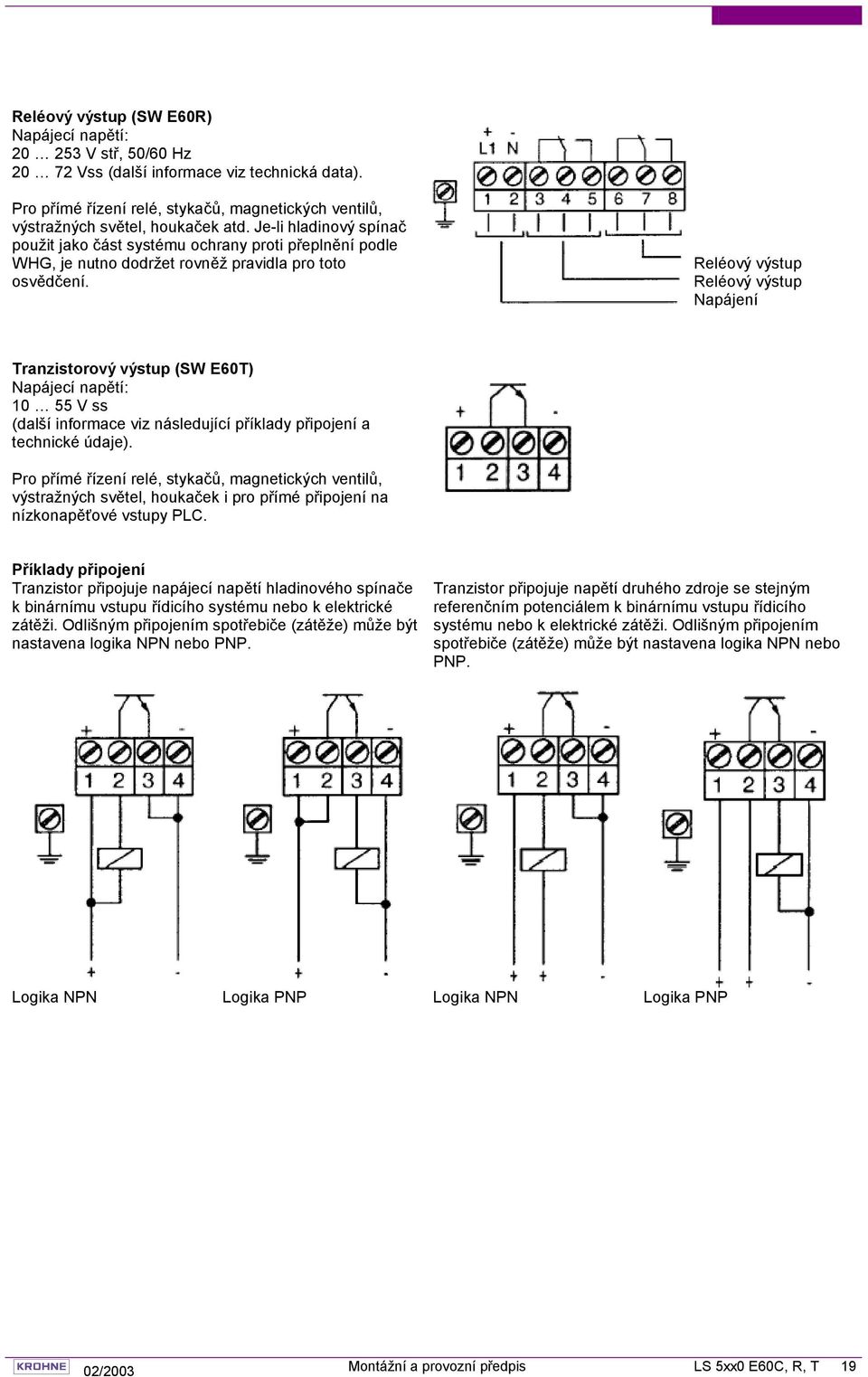 Reléový výstup Reléový výstup Napájení Tranzistorový výstup (SW E60T) Napájecí napětí: 10 55 V ss (další informace viz následující příklady připojení a technické údaje).