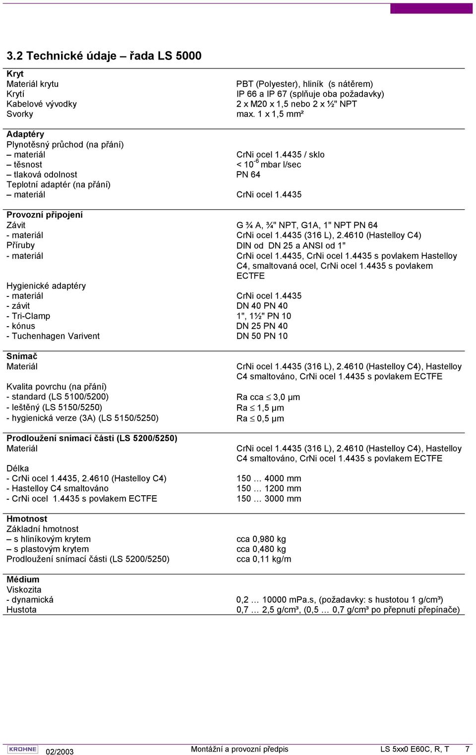 4435 Provozní připojení Závit G ¾ A, ¾" NPT, G1A, 1" NPT PN 64 - materiál CrNi ocel 1.4435 (316 L), 2.4610 (Hastelloy C4) Příruby DIN od DN 25 a ANSI od 1" - materiál CrNi ocel 1.4435, CrNi ocel 1.