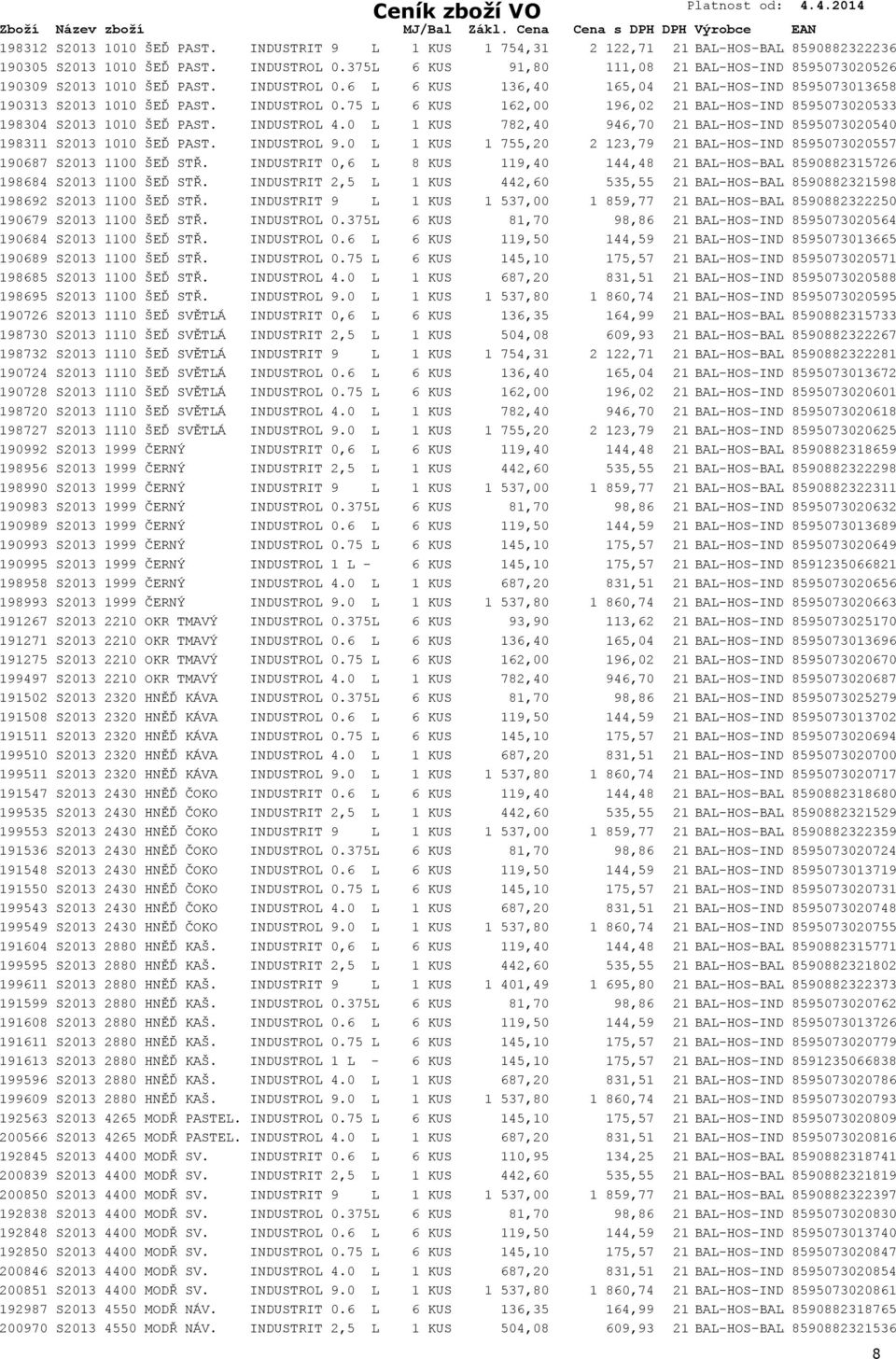 INDUSTROL 4.0 L 1 KUS 782,40 946,70 21 BAL-HOS-INDUSTROL 8595073020540 198311 S2013 1010 ŠEĎ PAST. INDUSTROL 9.0 L 1 KUS 1 755,20 2 123,79 21 BAL-HOS-INDUSTROL 8595073020557 190687 S2013 1100 ŠEĎ STŘ.